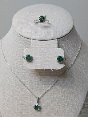 Sterling Silver & Emerald Halo Jewelry Set Pendent, Earrings & Ring